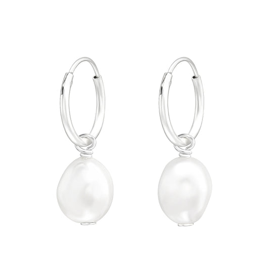 Synthetic Pearl Dangling Hoop Earrings - Pair - 925 Sterling Silver