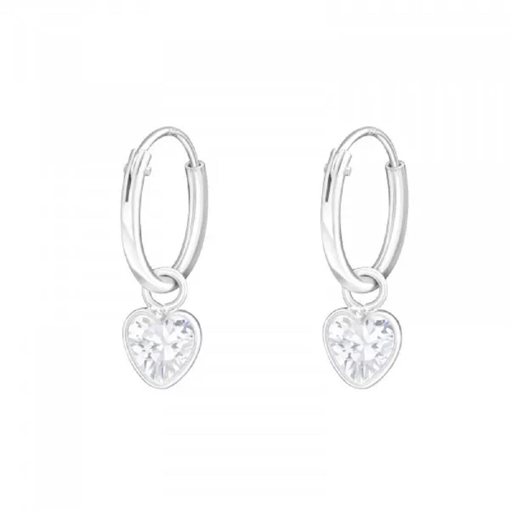 CZ Crystal Heart Dangling 12mm Hoop Earrings - Pair - 925 Sterling Silver