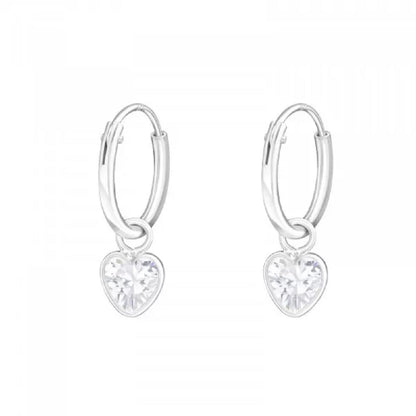 CZ Crystal Heart Dangling 12mm Hoop Earrings - Pair - 925 Sterling Silver