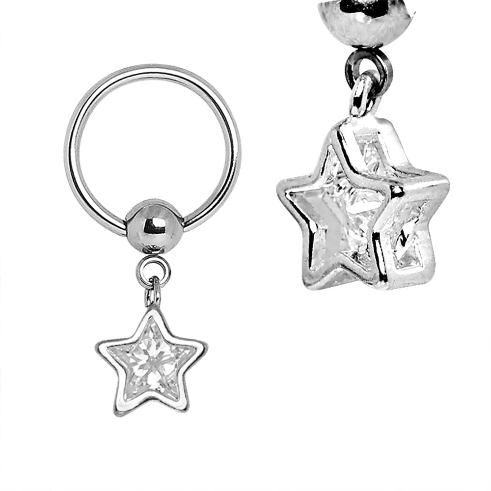 CZ Crystal Star Dangling Captive Bead Nipple Rings - Pair - 316L Stainless Steel