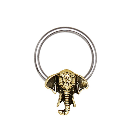 Antique Bronze Elephant Snap-In Captive Bead Ring - 316L Stainless Steel