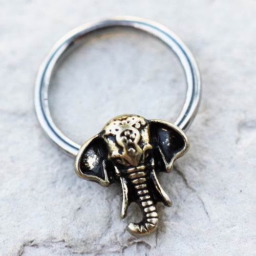 Antique Bronze Elephant Snap-In Captive Bead Ring - 316L Stainless Steel