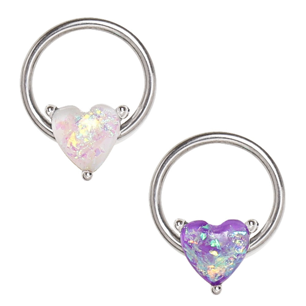 Heart Shaped Synthetic Opal Snap-In Captive Bead Ring - Stainless Steel