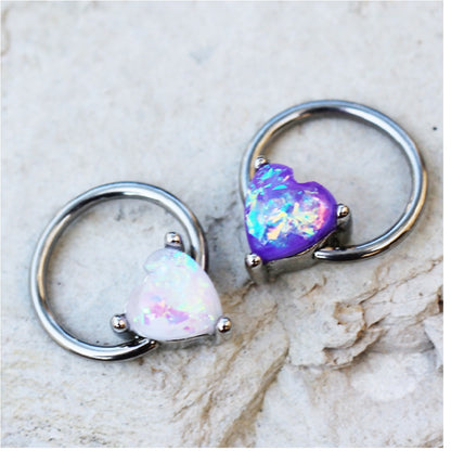 Heart Shaped Synthetic Opal Snap-In Captive Bead Ring - Stainless Steel