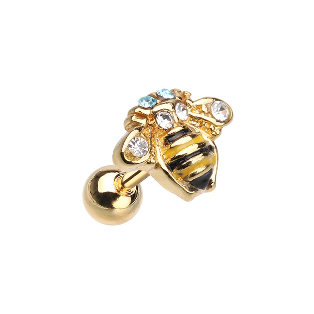 Gold Tone CZ Crystal Queen Bee Stud Earring - Stainless Steel