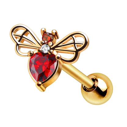 Red Crystal Bumblebee Cartilage Barbell - Gold Plated 316L Stainless Steel