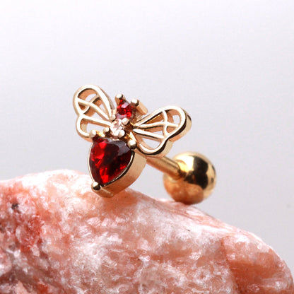 Red Crystal Bumblebee Cartilage Barbell - Gold Plated 316L Stainless Steel