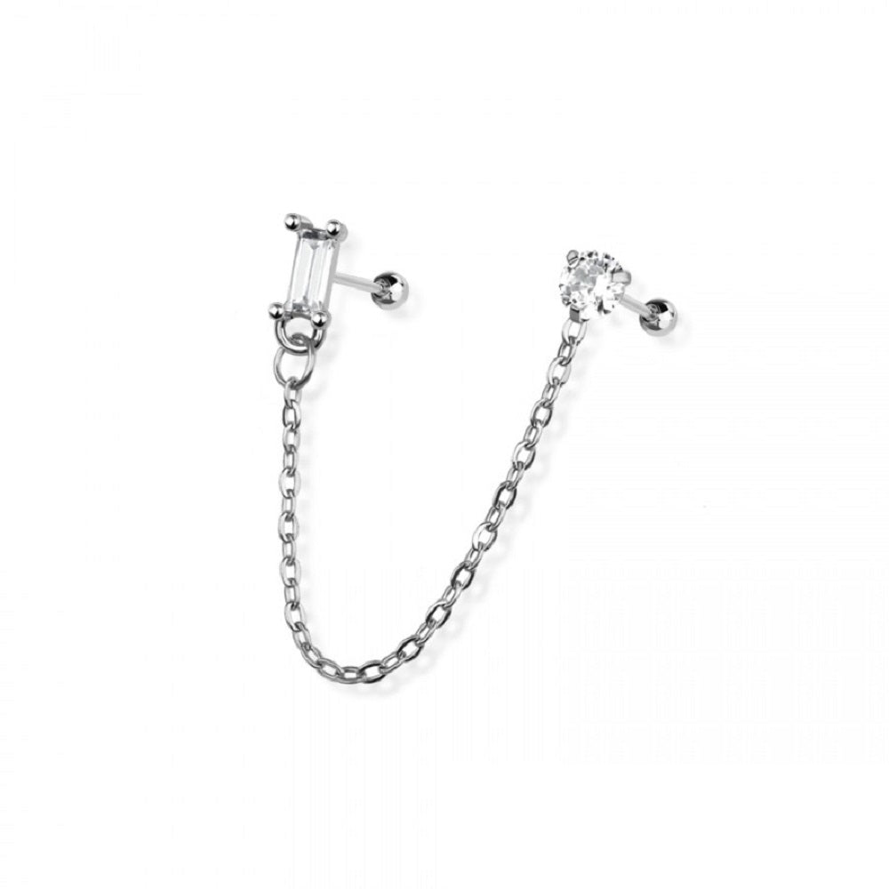 Rectangle and Round CZ Crystal Connecting Chain Linked Cartilage Barbells - 316L Stainless Steel