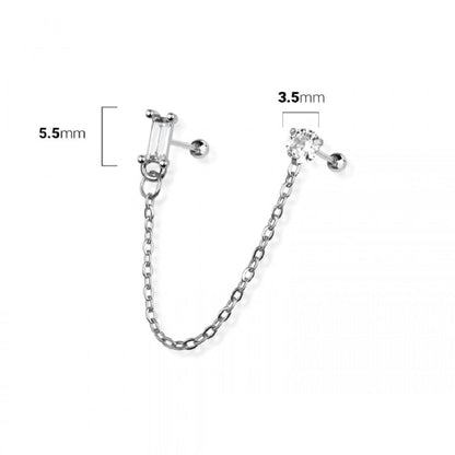 Rectangle and Round CZ Crystal Connecting Chain Linked Cartilage Barbells - 316L Stainless Steel