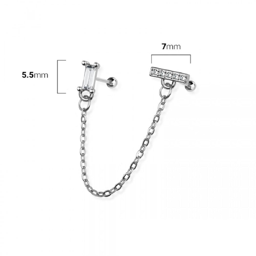 CZ Crystal Rectangle and Paved Bar Connecting Chain Linked Cartilage Barbells - 316L Stainless Steel