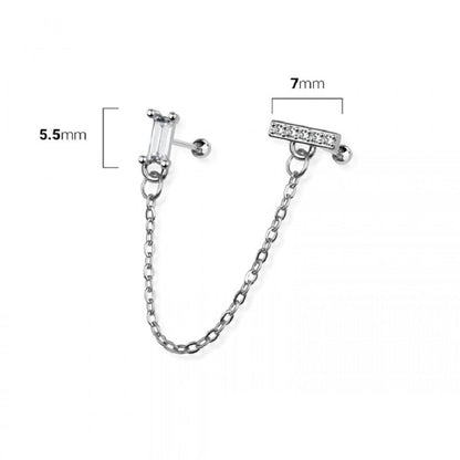 CZ Crystal Rectangle and Paved Bar Connecting Chain Linked Cartilage Barbells - 316L Stainless Steel