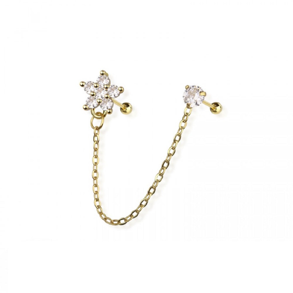 CZ Crystal Flower and Round CZ Crystal Connecting Chain Linked Cartilage Barbells - 316L Stainless Steel