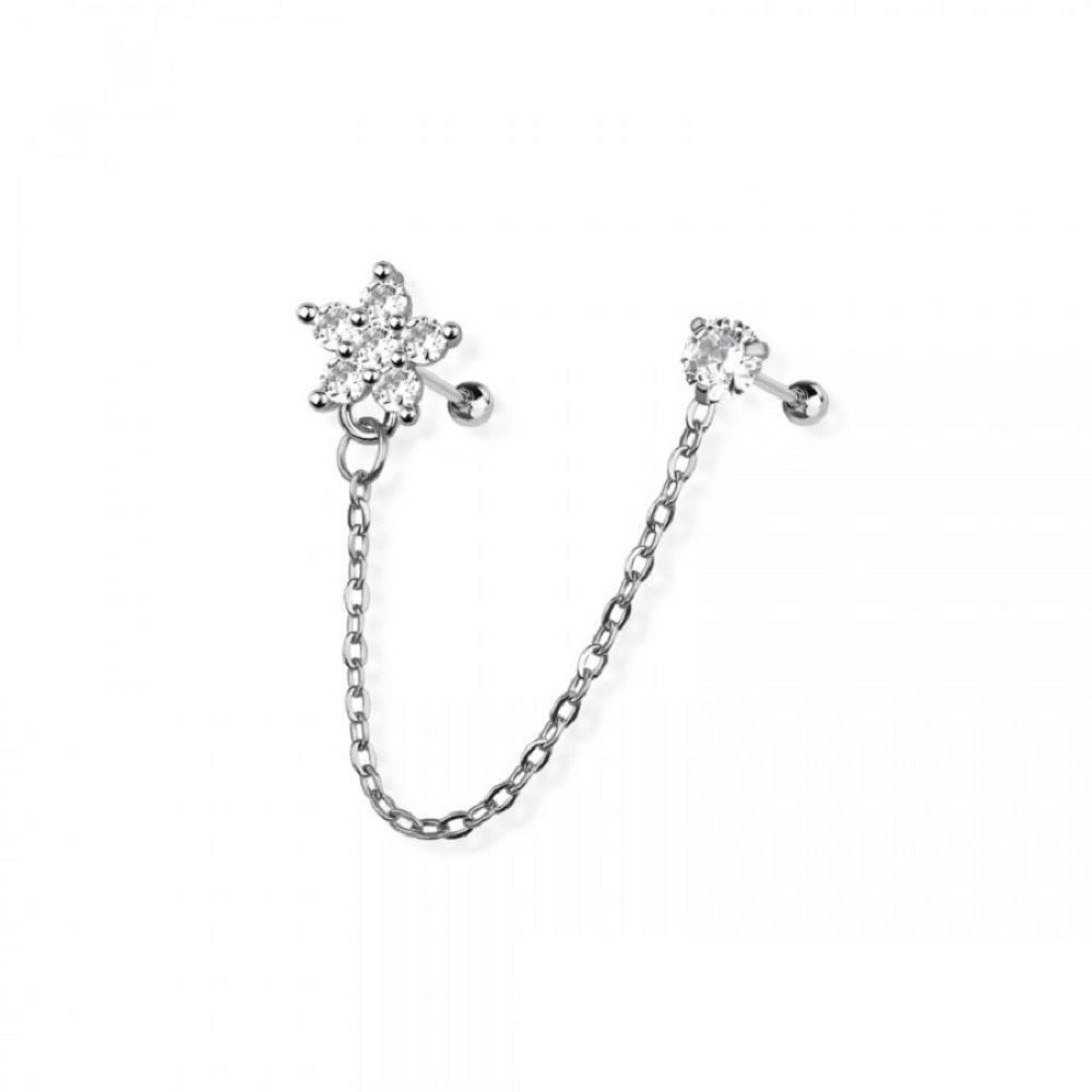 CZ Crystal Flower and Round CZ Crystal Connecting Chain Linked Cartilage Barbells - 316L Stainless Steel