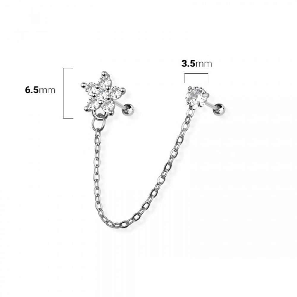 CZ Crystal Flower and Round CZ Crystal Connecting Chain Linked Cartilage Barbells - 316L Stainless Steel