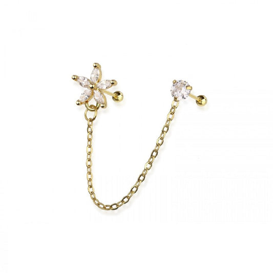 Flower and Round CZ Crystal Connecting Chain Linked Cartilage Barbells - 316L Stainless Steel