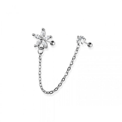 Flower and Round CZ Crystal Connecting Chain Linked Cartilage Barbells - 316L Stainless Steel