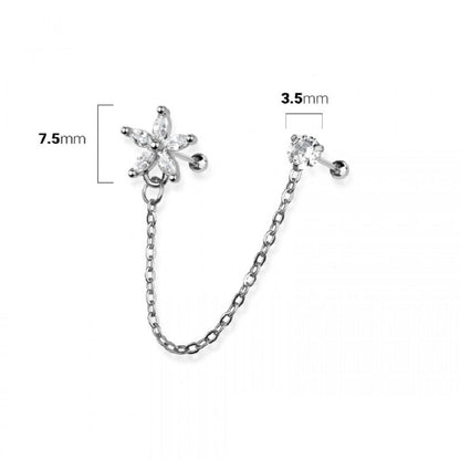 Flower and Round CZ Crystal Connecting Chain Linked Cartilage Barbells - 316L Stainless Steel