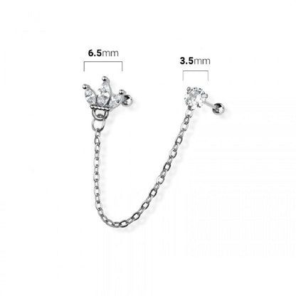 Crown and Round CZ Crystal Connecting Chain Linked Cartilage Barbells - 316L Stainless Steel