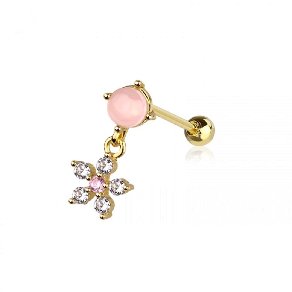 Pink Stone with Dangling CZ Crystal Flower Barbell Stud - 316L Stainless Steel