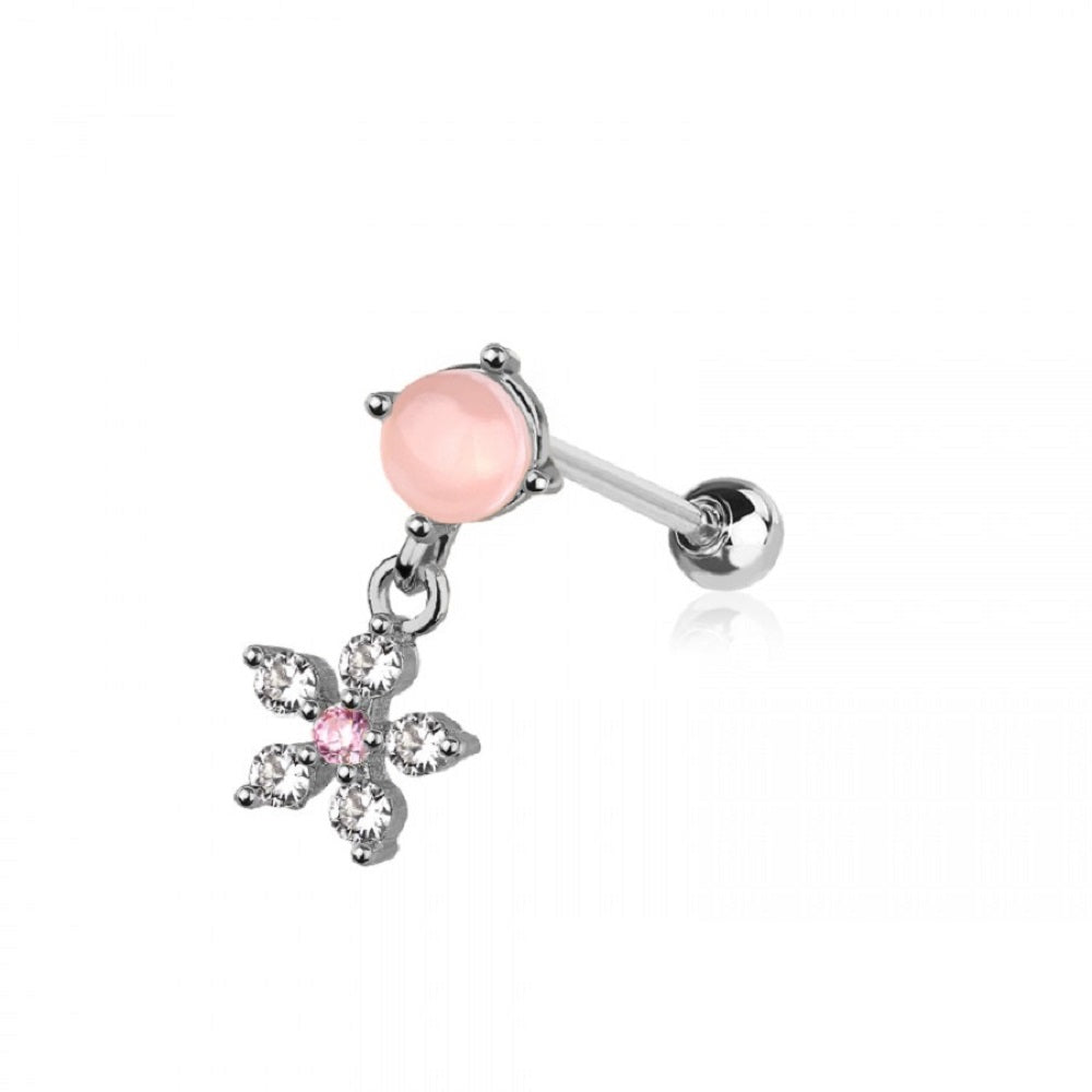 Pink Stone with Dangling CZ Crystal Flower Barbell Stud - 316L Stainless Steel