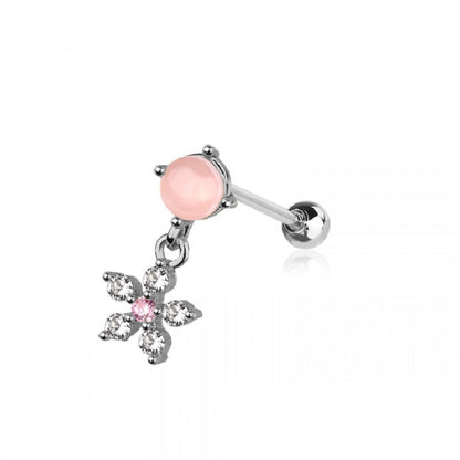 Pink Stone with Dangling CZ Crystal Flower Barbell Stud - 316L Stainless Steel