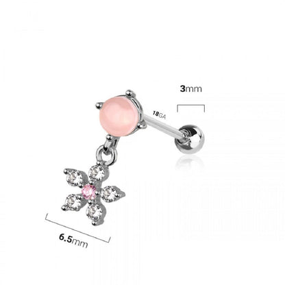 Pink Stone with Dangling CZ Crystal Flower Barbell Stud - 316L Stainless Steel