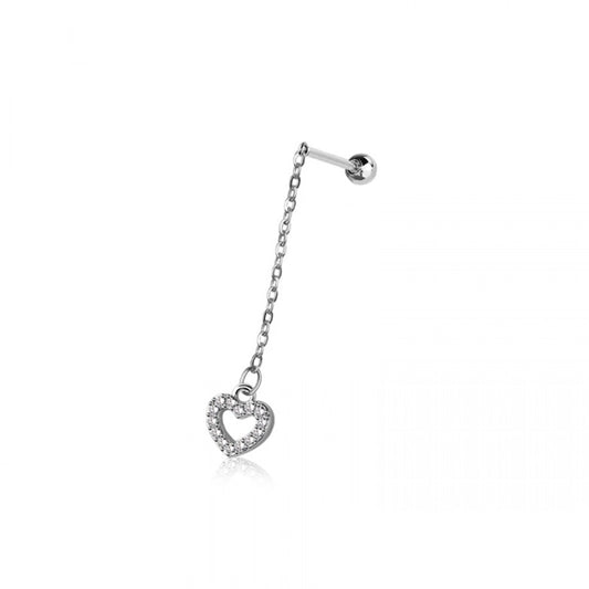 Dangling Chain with CZ Crystal Heart Cartilage Barbell Stud - 316L Stainless Steel