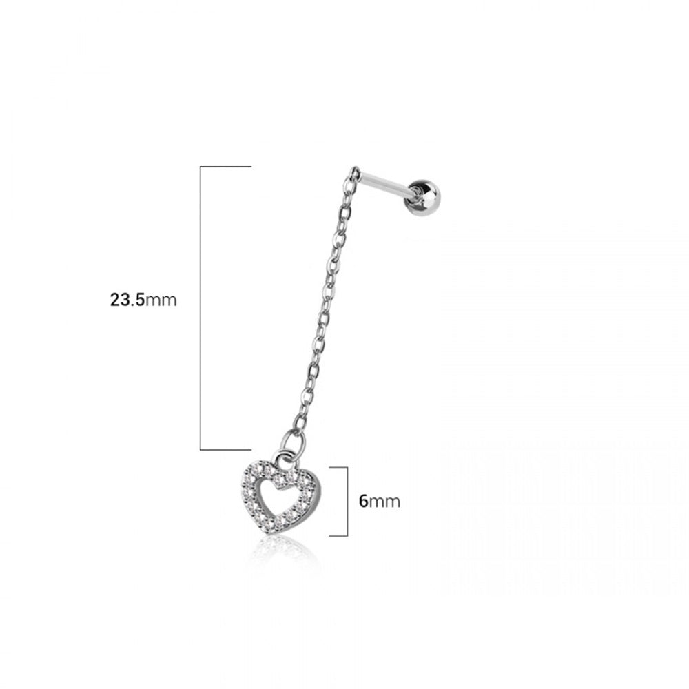 Dangling Chain with CZ Crystal Heart Cartilage Barbell Stud - 316L Stainless Steel