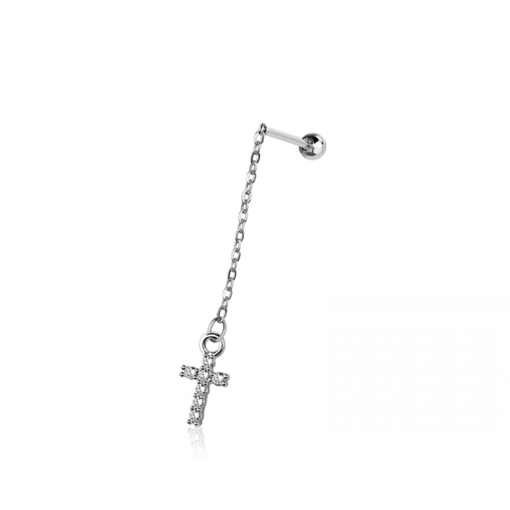 Dangling Chain with CZ Crystal Cross Cartilage Barbell Stud - 316L Stainless Steel