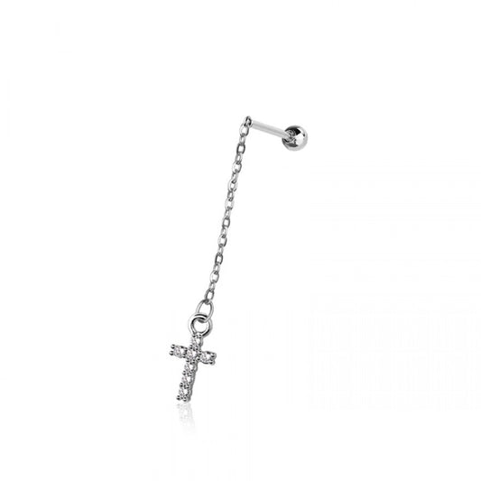 Dangling Chain with CZ Crystal Cross Cartilage Barbell Stud - 316L Stainless Steel