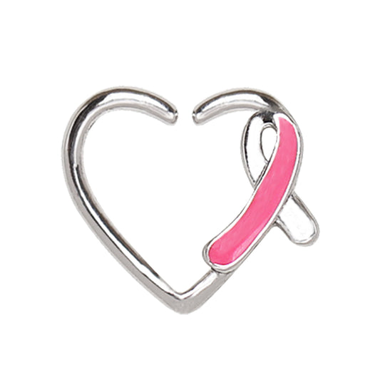 Heart with Breast Cancer Awareness Ribbon Annealed Bendable Ring - 316L Stainless Steel