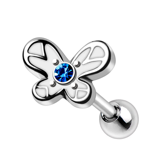 Blue Crystal Butterfly Cartilage Barbell - 316L Stainless Steel