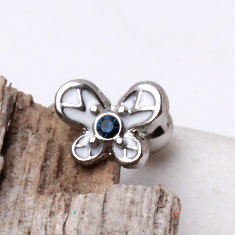 Blue Crystal Butterfly Cartilage Barbell - 316L Stainless Steel