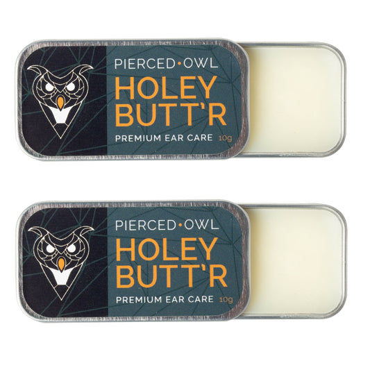 2 Tins of Holey Butt’r Ear Stretching Balm, Natural Stretched Ear Lobe Lubricant Cream with Jojoba Oil, Soy Butter, and Karanja Oil, Gauge Stretching Lube and Healing Salve for Tapers and Plugs, 10g/ .35oz