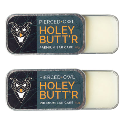 2 Tins of Holey Butt’r Ear Stretching Balm, Natural Stretched Ear Lobe Lubricant Cream with Jojoba Oil, Soy Butter, and Karanja Oil, Gauge Stretching Lube and Healing Salve for Tapers and Plugs, 10g/ .35oz