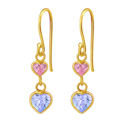 Crystal Double Pink and Purple Hearts Dangling Earrings - Pair - 925 Sterling Silver