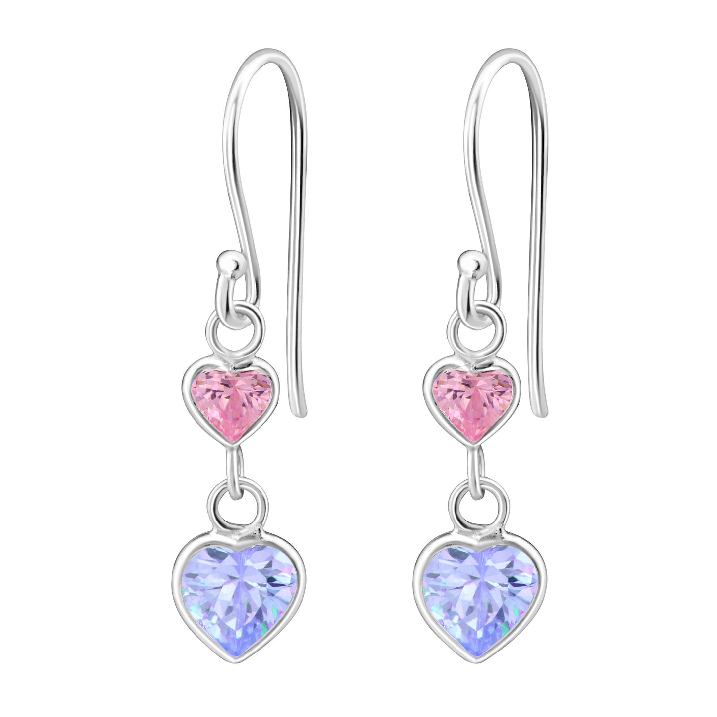 Crystal Double Pink and Purple Hearts Dangling Earrings - Pair - 925 Sterling Silver