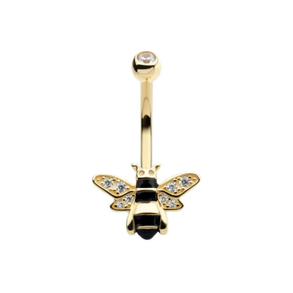 CZ Crystal and Enamel Bee Internally Threaded Belly Button Ring - 14Kt Gold