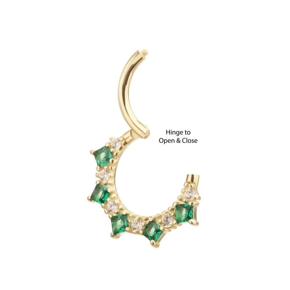 Clear and Emerald CZ Front Facing Hinged Segment Clicker - 14kt Gold