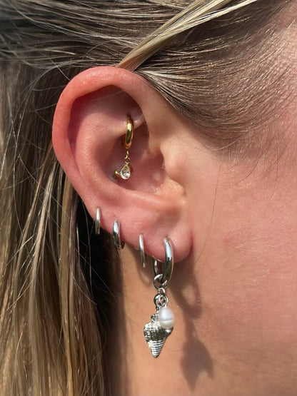 Conch Shell with Faux Pearl Dangling Huggie Hoop Earrings - Pair - Stainless Steel