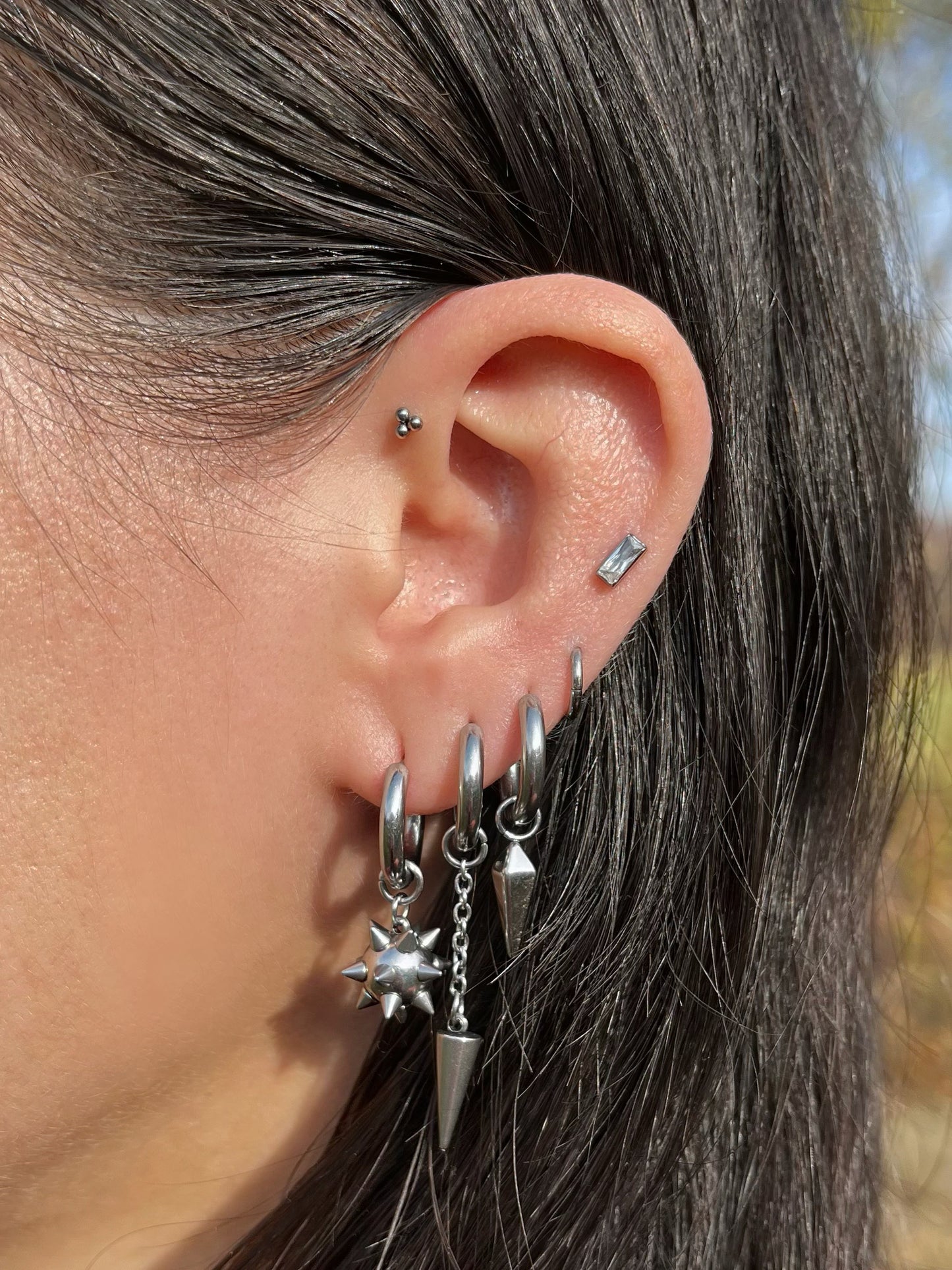 Dangling Chain with Spike Huggie Hoop Earrings - Pair - 316L Stainless Steel