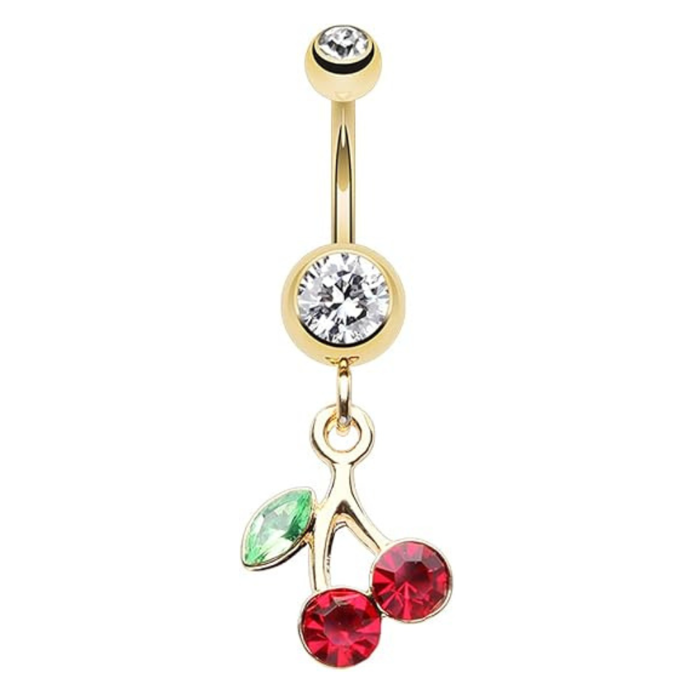 Dangling Golden Jeweled Cherries Belly Button Ring - 316L Stainless Steel