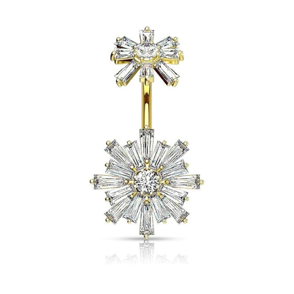 Internally Threaded CZ Flower Top with Double Tiered Baguette CZ Flower Belly Button Ring - 316L Stainless Steel
