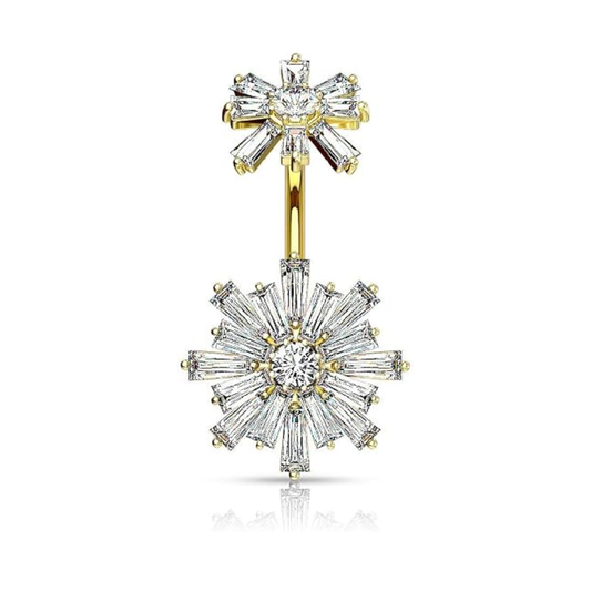 Internally Threaded CZ Flower Top with Double Tiered Baguette CZ Flower Belly Button Ring - 316L Stainless Steel