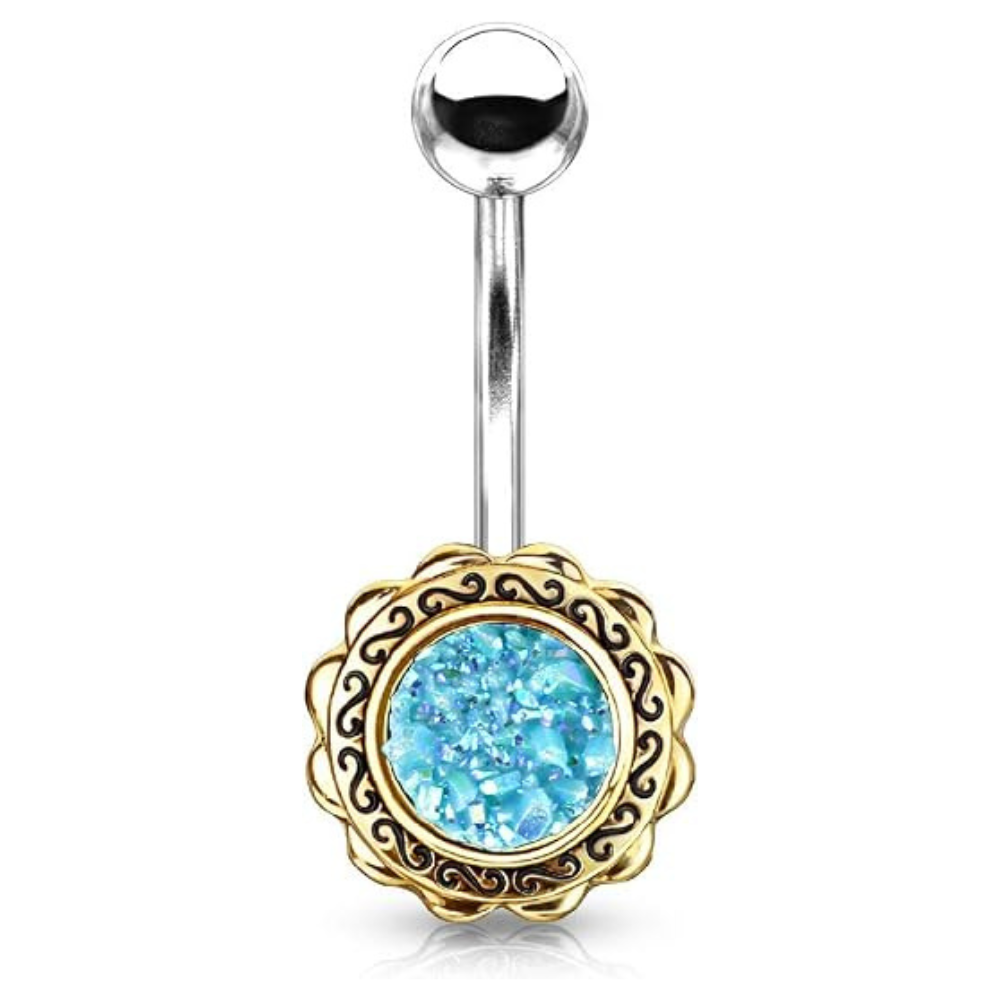 Gold Filigree Flower with Druzy Stone Center Belly Button Ring - 316L Stainless Steel