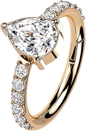CZ Teardrop Center with Paved CZ Sides Hinged Segment Clicker Ring - Implant Grade Titanium