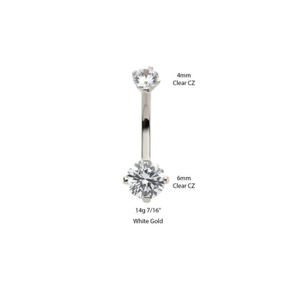 Double Round Prong Set CZ Crystal Internally Threaded Belly Button Ring - 14Kt White Gold