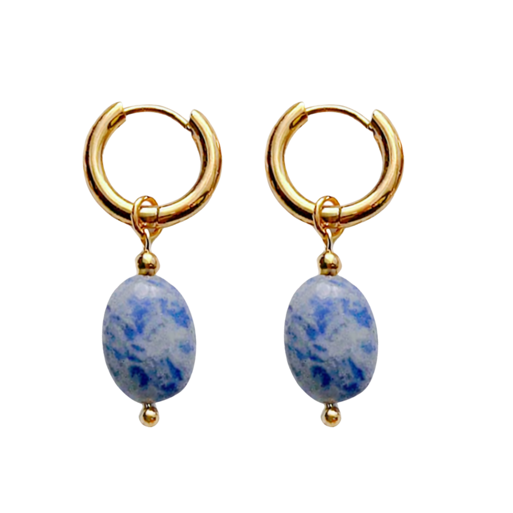 Oval Natural Stone Dangling Hoop Earrings - Pair - Gold PVD Stainless Steel