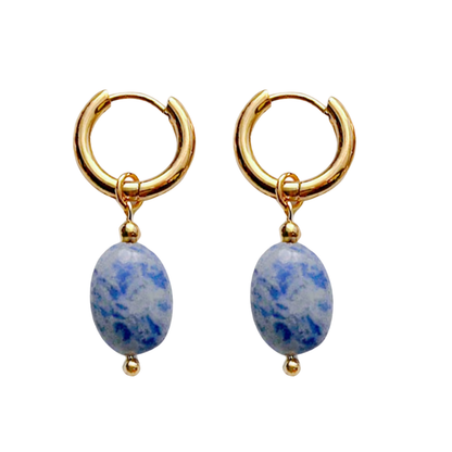 Oval Natural Stone Dangling Hoop Earrings - Pair - Gold PVD Stainless Steel