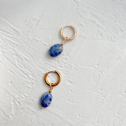 Oval Natural Stone Dangling Hoop Earrings - Pair - Gold PVD Stainless Steel